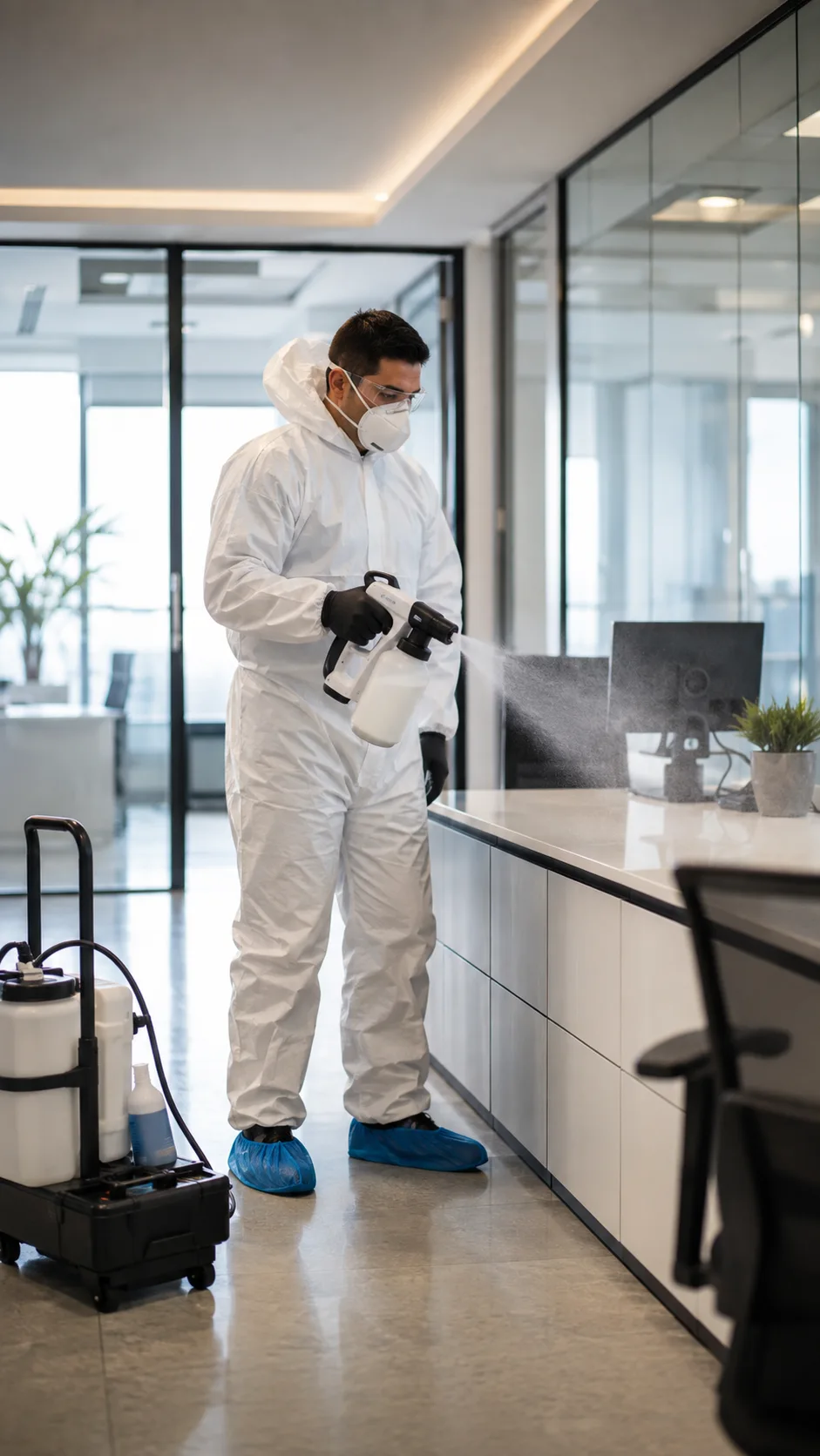 Metrospec technician performing electrostatic disinfection in Montreal